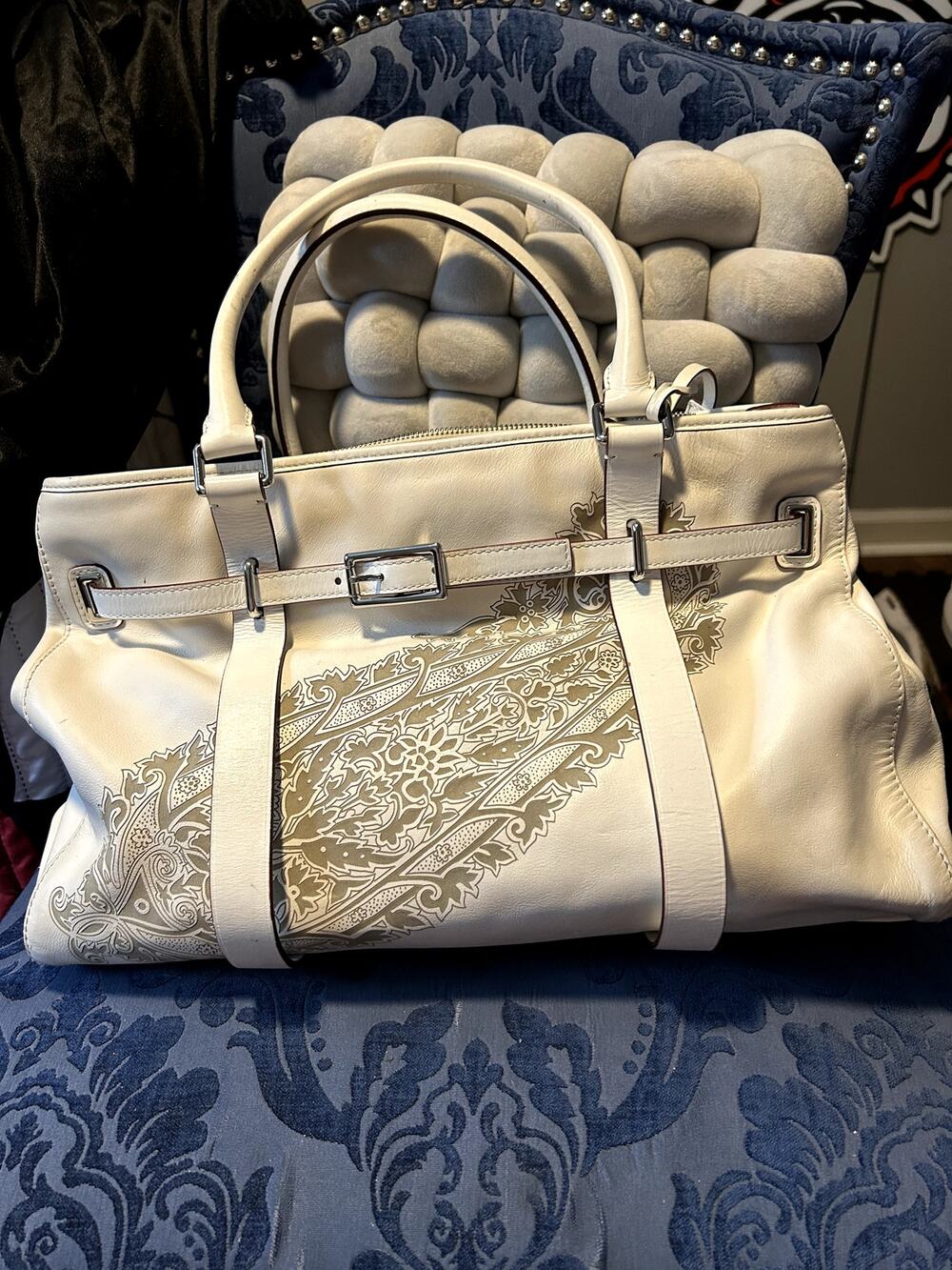 Tumi Chatham Laser Cut Paisley White Leather Tote